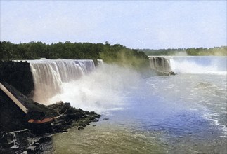 Niagara Falls seen from the Steel Arch Bridge, Canada, USA, Historical, digitally restored