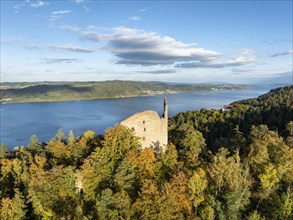 Aerial view of Lake Constance, Überlinger See, with the ruin Altbodman on the Bodanrück in autumn