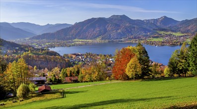 Panorama of the village and lake with the monastery castle in autumn, Tegernsee, Tegernsee,