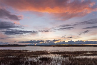 Sunset, drone shot, aerial view, lakes, moor landscape, Lapland, Finland, Europe