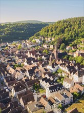 Small town with striking church, embedded in a green, hilly landscape in summer, Calw, Black