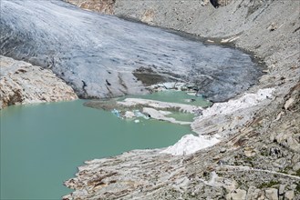 Rhone glacier, valley glacier in the headwaters of the Rhone in the Swiss Alps. Melting glacier,