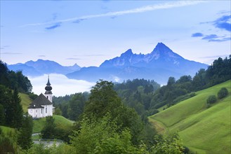 Maria Gern pilgrimage church, view of the Watzmann, in front of sunrise, Berchtesgarden Alps,