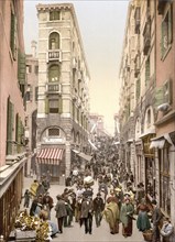 Street near the Rialto Bridge, Venice, Italy, Historic, digitally restored reproduction from a 19th