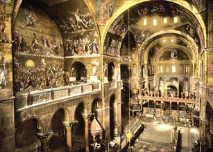 Interior view of St Mark's Basilica, Venice, Italy, Historic, digitally restored reproduction from