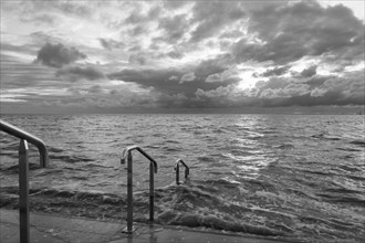 Stairway to the North Sea, High tide, Dramatic sky, Lower Saxony Wadden Sea National Park,