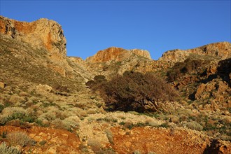 Morning light, Impressive rocks and hilly ground with shrubs under a clear sky, Gramvoussa