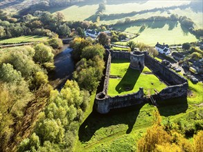 Skenfrith Castle from a drone, Monmouthshire, Wales, England, United Kingdom, Europe