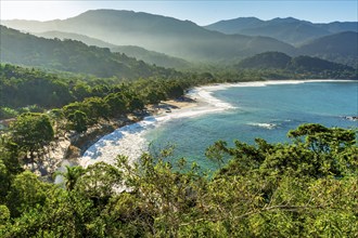 Castelhanos beach on the island of Ilhabela seen from above, Ilhabela, Sao Paulo, Brazil, South