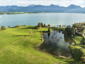 Aerial view of Toteisloch at village Dietringen, lake created by slowly melting iceberg, lake