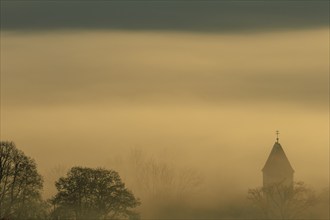 Foggy mood, fog, morning light, backlight, church tower, autumn, Loisach-Lake Kochel moor, view of