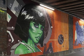 Portrait of a woman with a green face, extraterrestrial creature, Martian, mural in a subway, urban