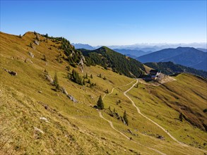 Hiking trails in the Rotwand area, in the centre the Rotwandhütte, behind Hohe Tauern, Mangfall