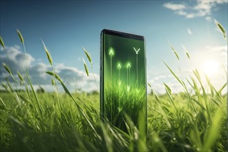 Smartphone screen displaying green grass arrows sprouting upwards symbolizing growth and