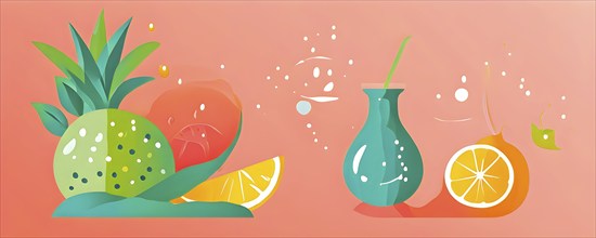 Minimalist illustration of abstract shapes and vibrant colors representing healthy drink and food,