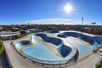 Aerial perspective top down of an empty skateboard park, AI generated