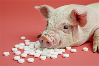 Pig next to medical pills on studio background with copy space. Concept for antibiotics use in