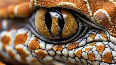 Close up on the wrinkled skin of a gecko with intricate patterns and vibrant hues, AI generated