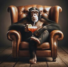 A chimpanzee sits casually in an armchair and drinks a cocktail with a straw, AI generated, AI