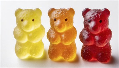 Yellow, orange and red gummy bears in a row with soft shadows, gummy bears, AI generated, AI