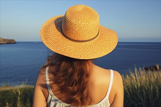 Back view of young woman with summer straw hat looking at beach. KI generiert, generiert, AI