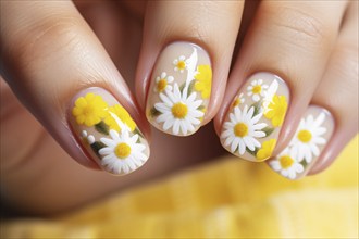 Close up of woman's fingernails with summer flower nail art design with yellow and white colors. KI