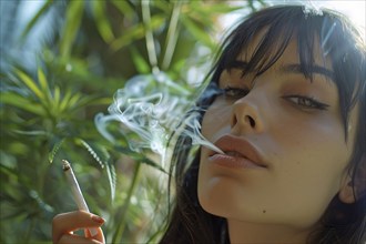 Attractive young woman smoking a joint cigarette between marihuana plants. KI generiert, generiert,