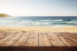 Wooden empty table with blurry beach and ocean background. KI generiert, generiert, AI generated
