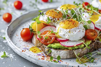 Avocado toast topped with poached eggs, cherry tomatoes, radish slices and microgreens. Generative