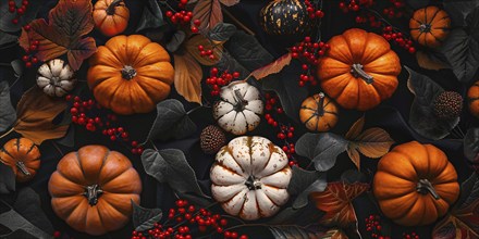 Banner with orange and white pumpkins between dark autumn leaves and red berries. Generative Ai, AI