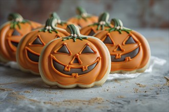 Halloween cookies in shape of carved pumpkins with icing. Generative AI, AI generated