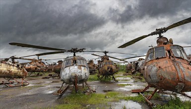 Several rusty and old helicopters stand unnoticed on a dilapidated site under a cloudy sky,