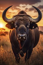 African savanna sunrise with close up of a black buffalo, AI generated