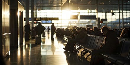 Airport gate with a crowd of waiting passengers, AI generated