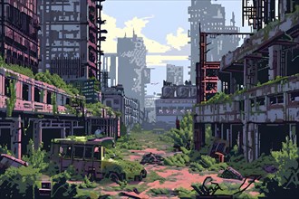 Pixel art landscape showcasing post apocalyptic world with ruined city buildings, AI generated