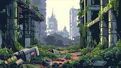 Pixel art landscape showcasing post apocalyptic world with ruined city buildings, AI generated