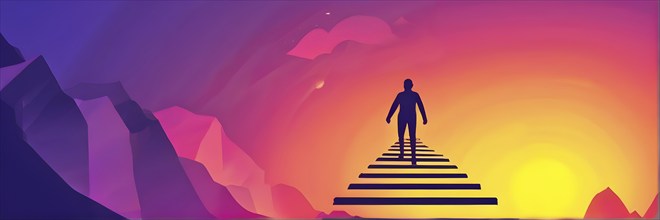 Vector illustration of a person going upstairs as symbol for self growth and personal development,