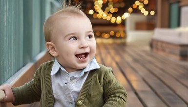 Toddler with green jacket smiling on a wooden deck with fairy lights in the background, AI