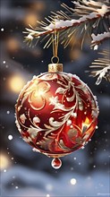 Abstract illustration of a set of ornate Christmas ornaments hanging on a snow-covered pine tree