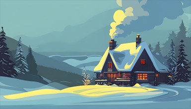 Snow-covered cottage in a serene winter scene in vector style, AI generated