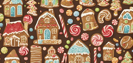 Abstract wallpaper illustration of of gingerbread house decoration, AI generated