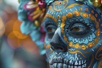 Close up of woman with blue Halloween Dia de los Muertos costume face paint. Generative AI, AI