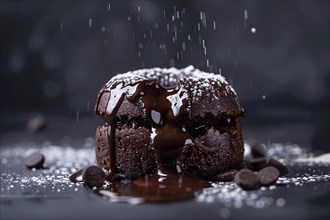 Small Chocolate lava cake on dark background. Generative AI, AI generated