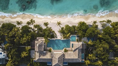 Aerial view of real estate beach resort at the Caribbean coast, AI generated