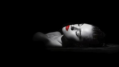 Black and white bodyscape capturing a young woman with red lips and eye shadow, AI generated