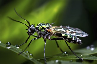 Close up of a tiger mosquito set against a blurred green foliage background, AI generated