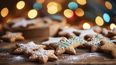 A detailed shot of Christmas cookies on a wooden table, featuring star-shaped cookies with colorful