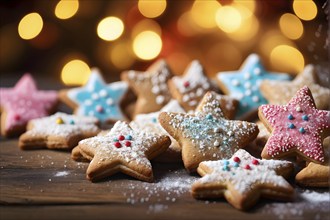 A detailed shot of Christmas cookies on a wooden table, featuring star-shaped cookies with colorful