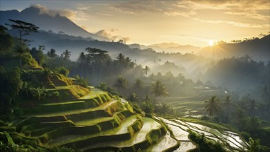 Early morning light bathes Philippines rice terraces cascading down mountain slopes, AI generated