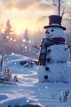 Snowman in an idylic winter landscape, snow covered trees, golden hour light of sunrise, AI